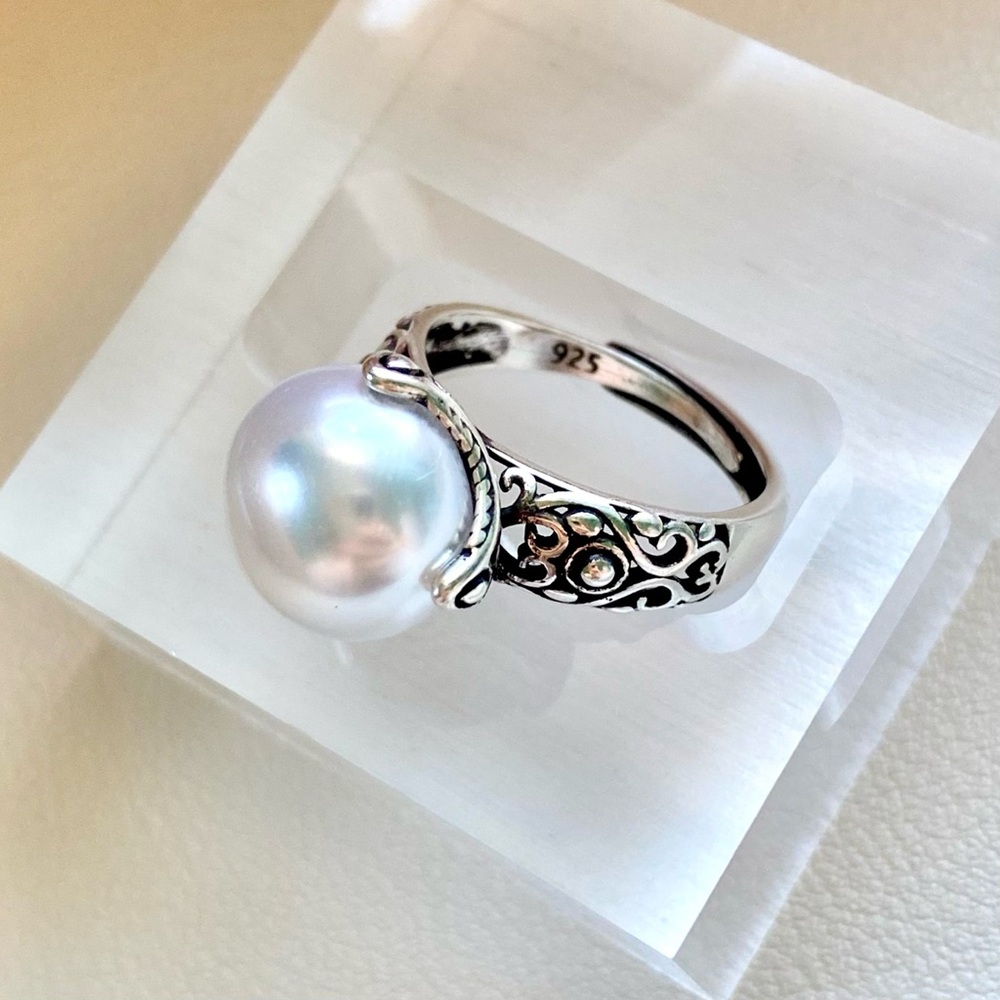 Sterling Silver Pearl Filigree Ring - White Pearl